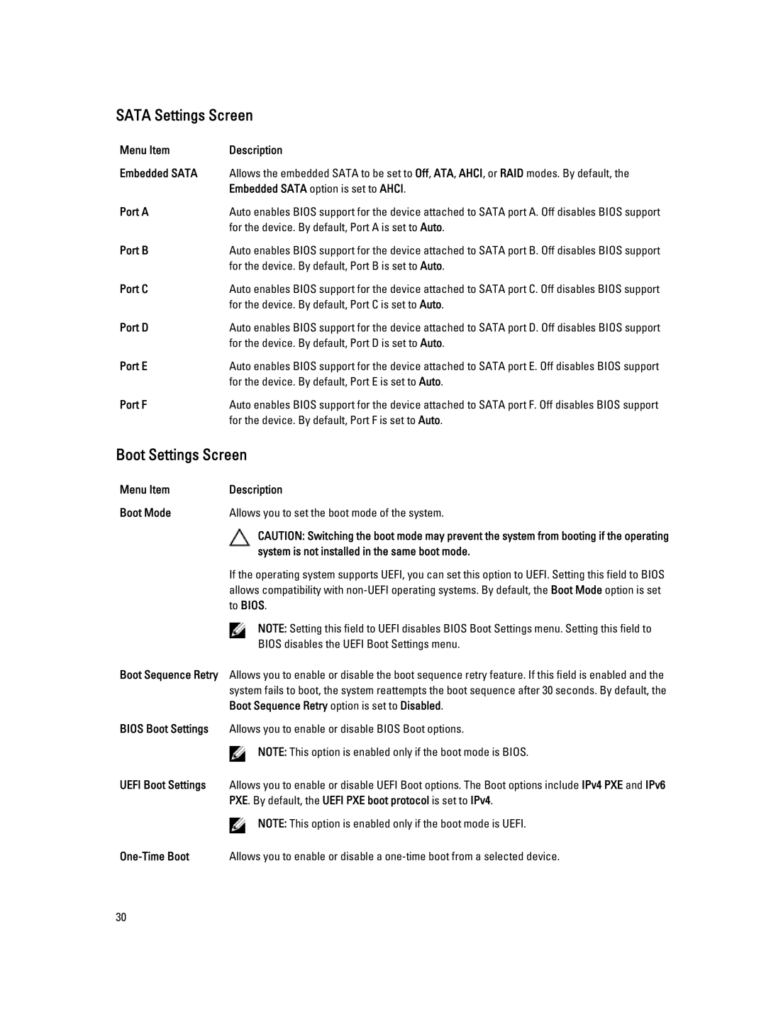 Dell E20S001 owner manual Sata Settings Screen, Boot Settings Screen 