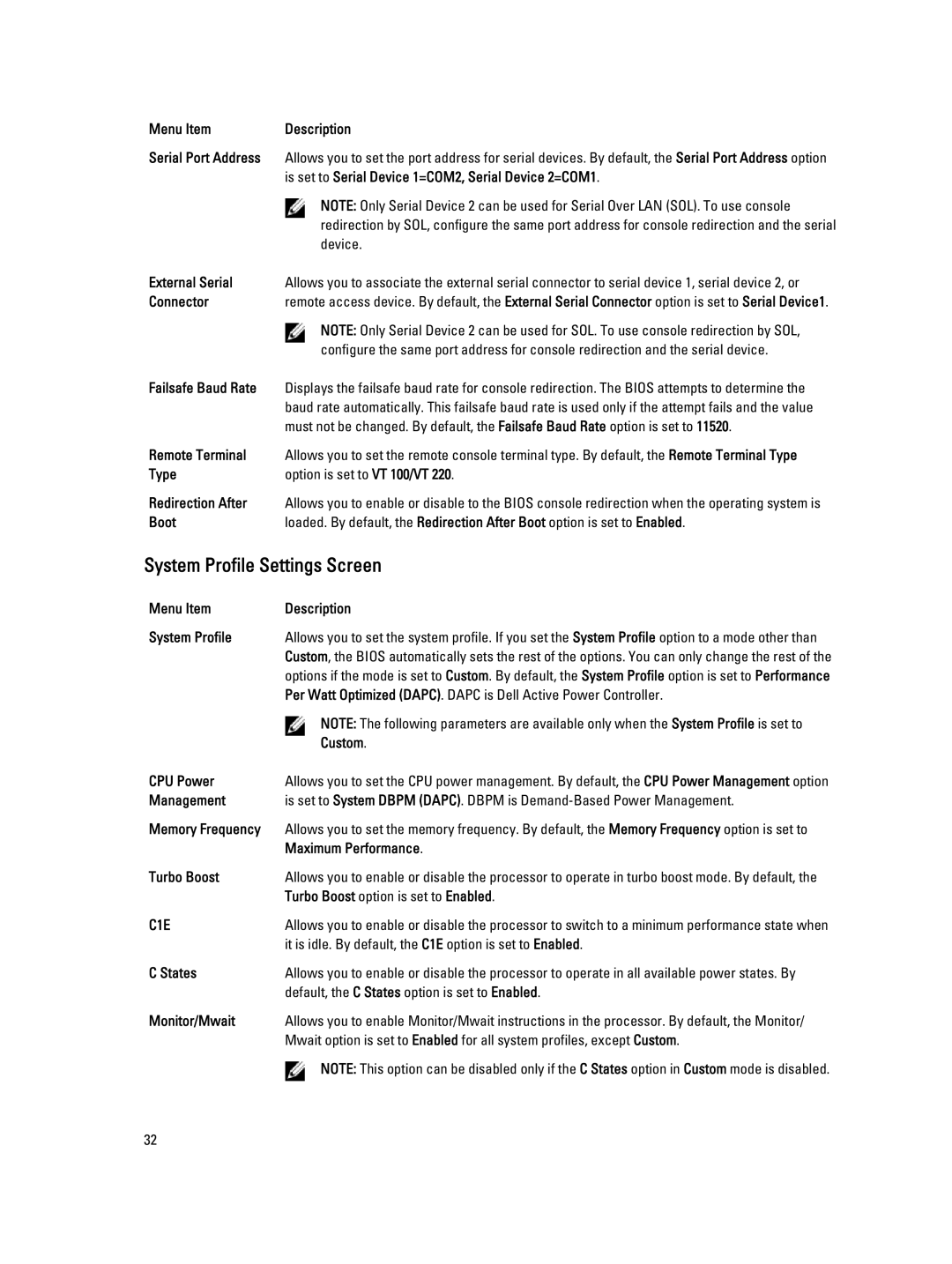 Dell E20S001 owner manual System Profile Settings Screen 