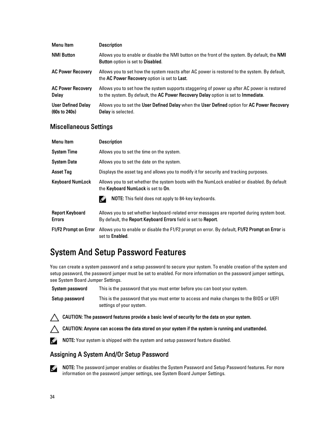 Dell E20S001 System And Setup Password Features, Miscellaneous Settings, Assigning a System And/Or Setup Password 