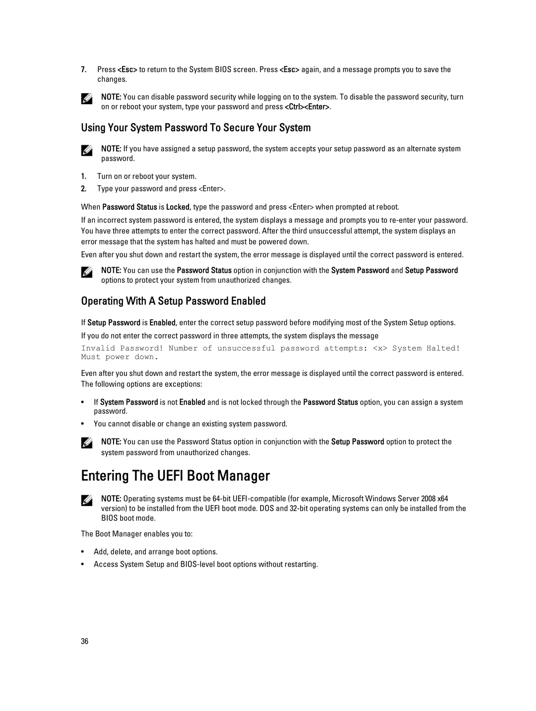 Dell E20S001 owner manual Entering The Uefi Boot Manager, Using Your System Password To Secure Your System 