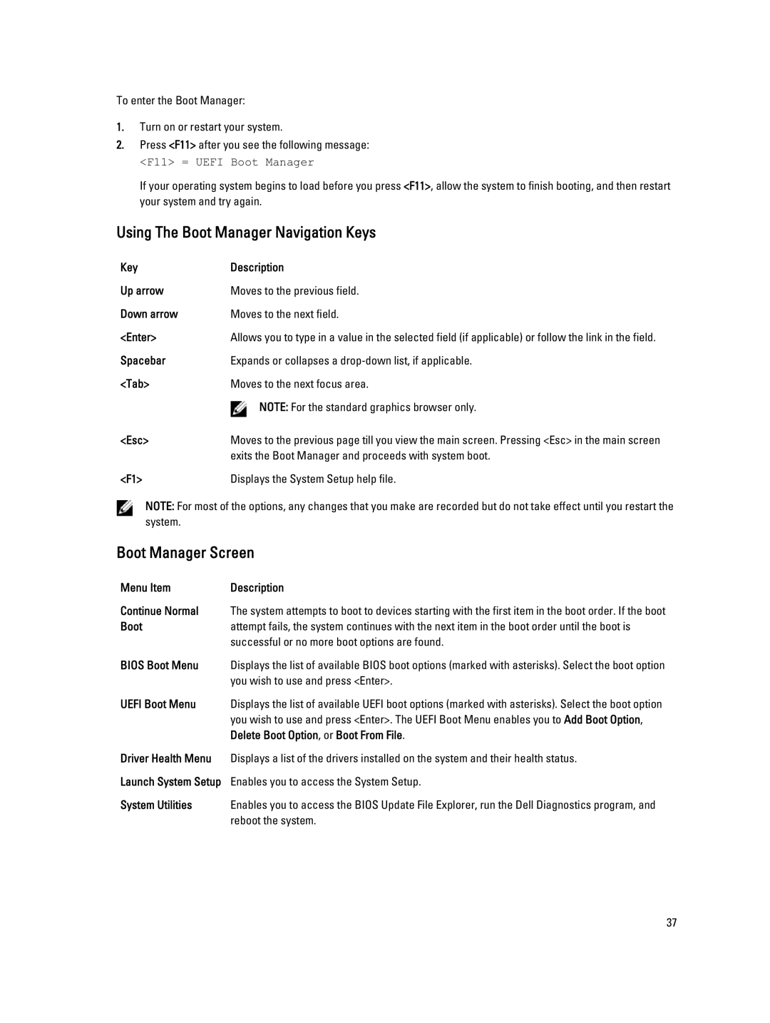 Dell E20S001 owner manual Using The Boot Manager Navigation Keys, Boot Manager Screen 