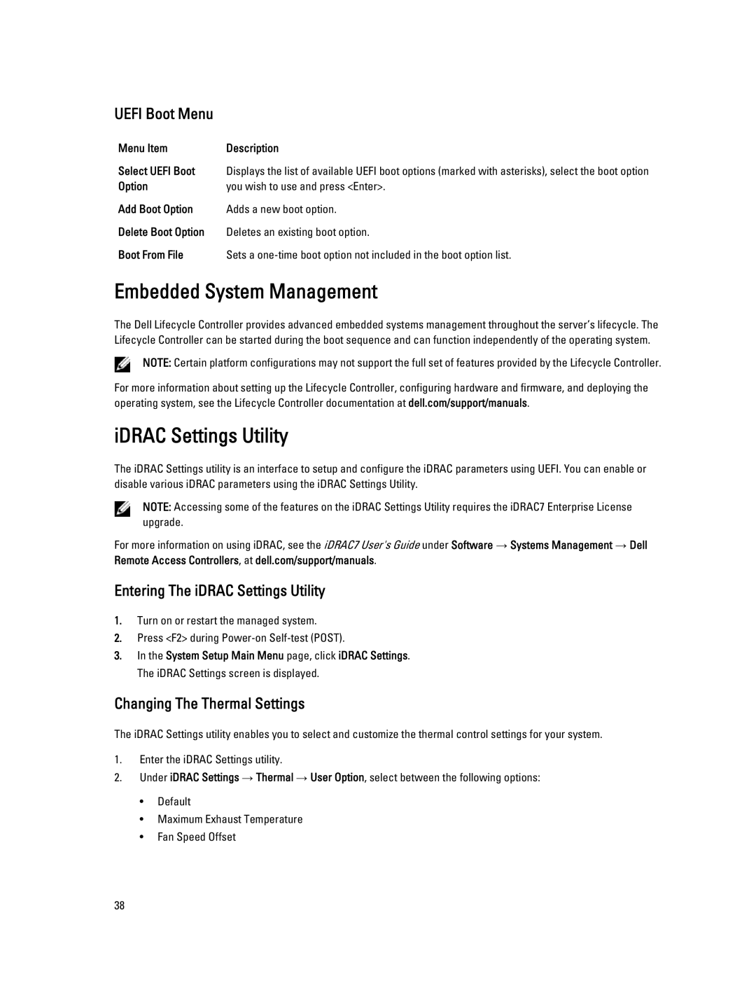 Dell E20S001 Embedded System Management, IDRAC Settings Utility, Uefi Boot Menu, Entering The iDRAC Settings Utility 