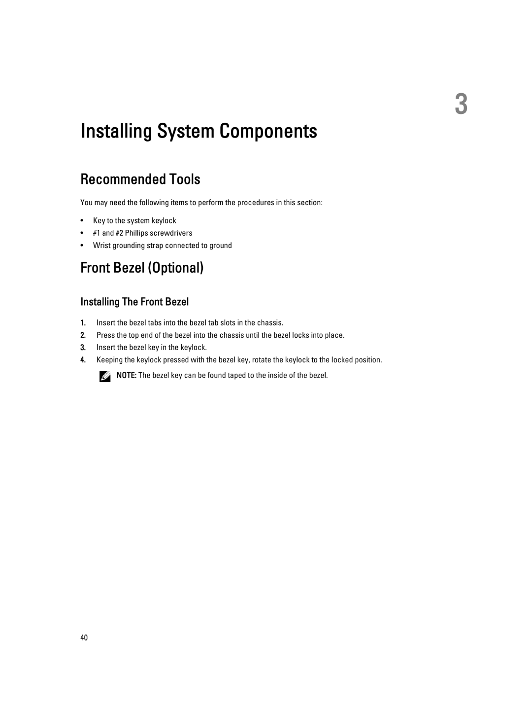 Dell E20S001 owner manual Recommended Tools, Front Bezel Optional, Installing The Front Bezel 