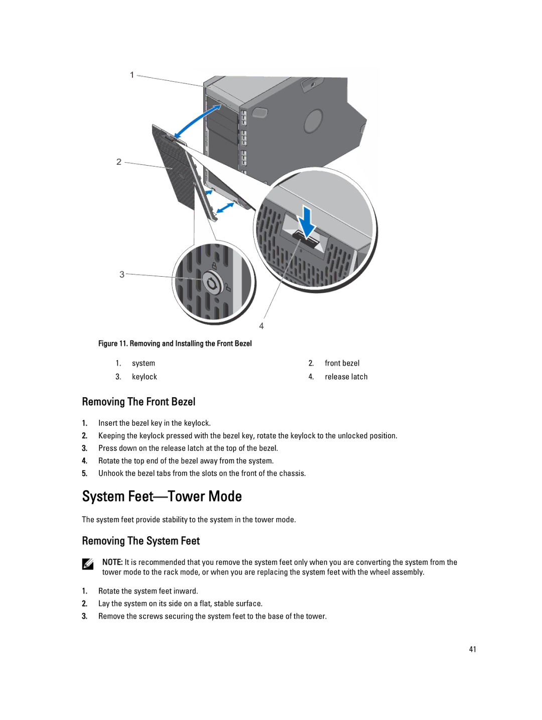 Dell E20S001 owner manual System Feet-Tower Mode, Removing The Front Bezel, Removing The System Feet 