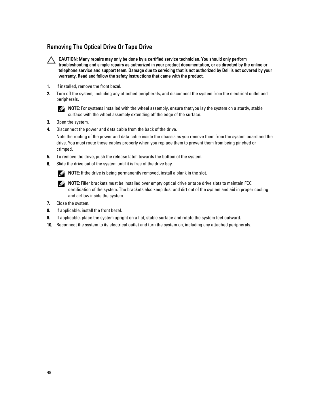 Dell E20S001 owner manual Removing The Optical Drive Or Tape Drive 