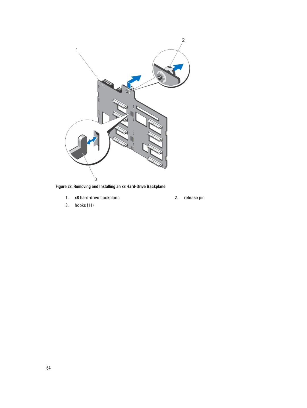 Dell E20S001 owner manual X8 hard-drive backplane Release pin Hooks 