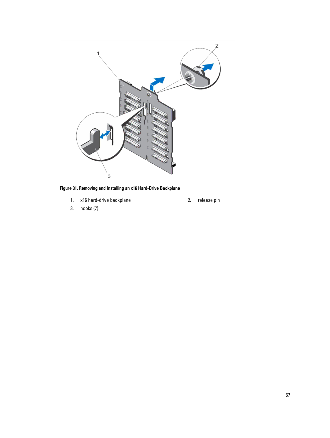 Dell E20S001 owner manual X16 hard-drive backplane Release pin Hooks 