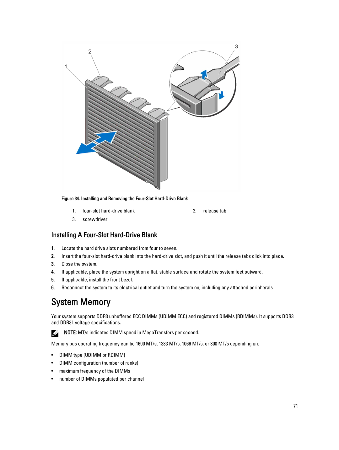 Dell E20S001 owner manual System Memory, Installing a Four-Slot Hard-Drive Blank 