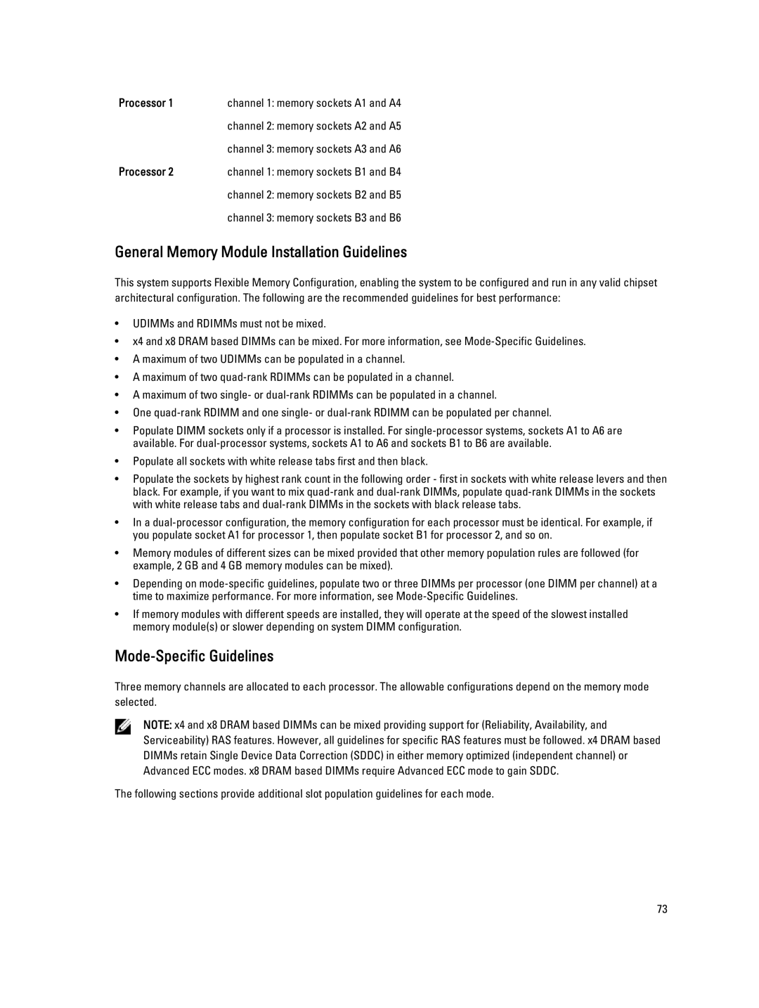 Dell E20S001 owner manual General Memory Module Installation Guidelines, Mode-Specific Guidelines, Processor 