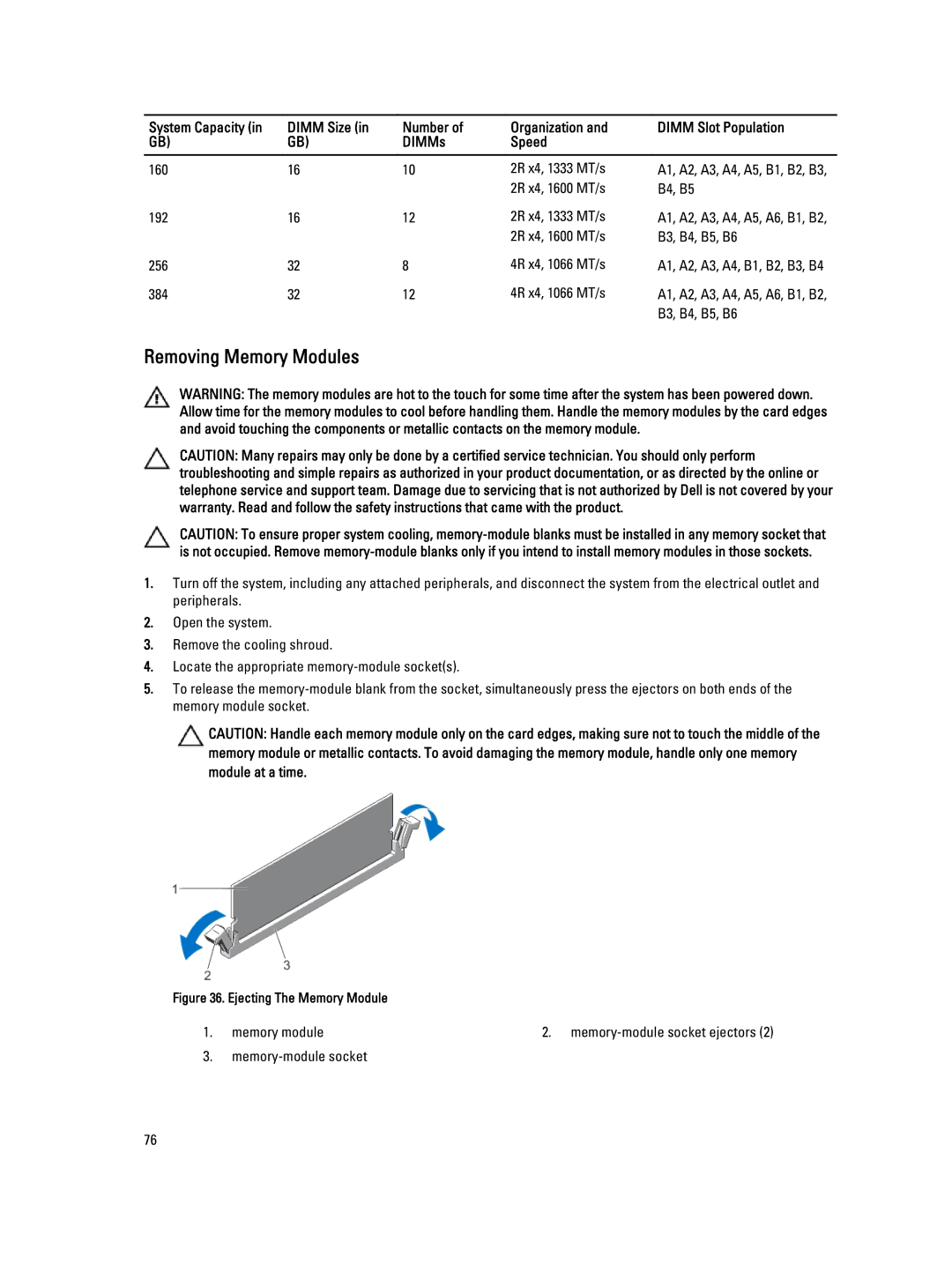 Dell E20S001 owner manual Removing Memory Modules, Ejecting The Memory Module 