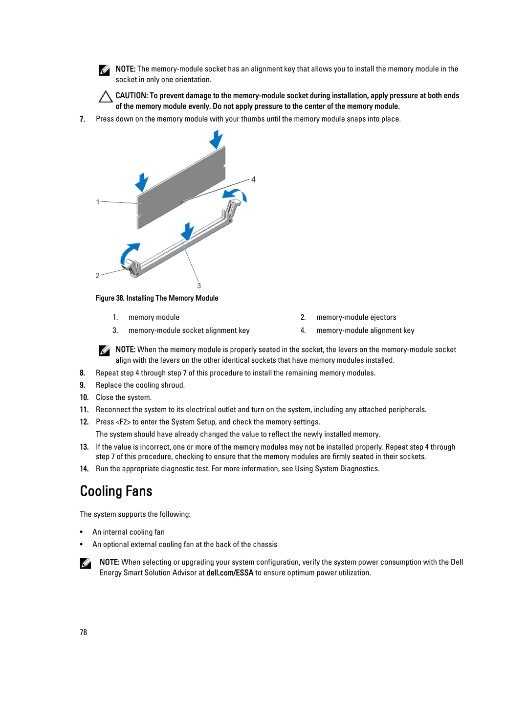 Dell E20S001 owner manual Cooling Fans, Installing The Memory Module 