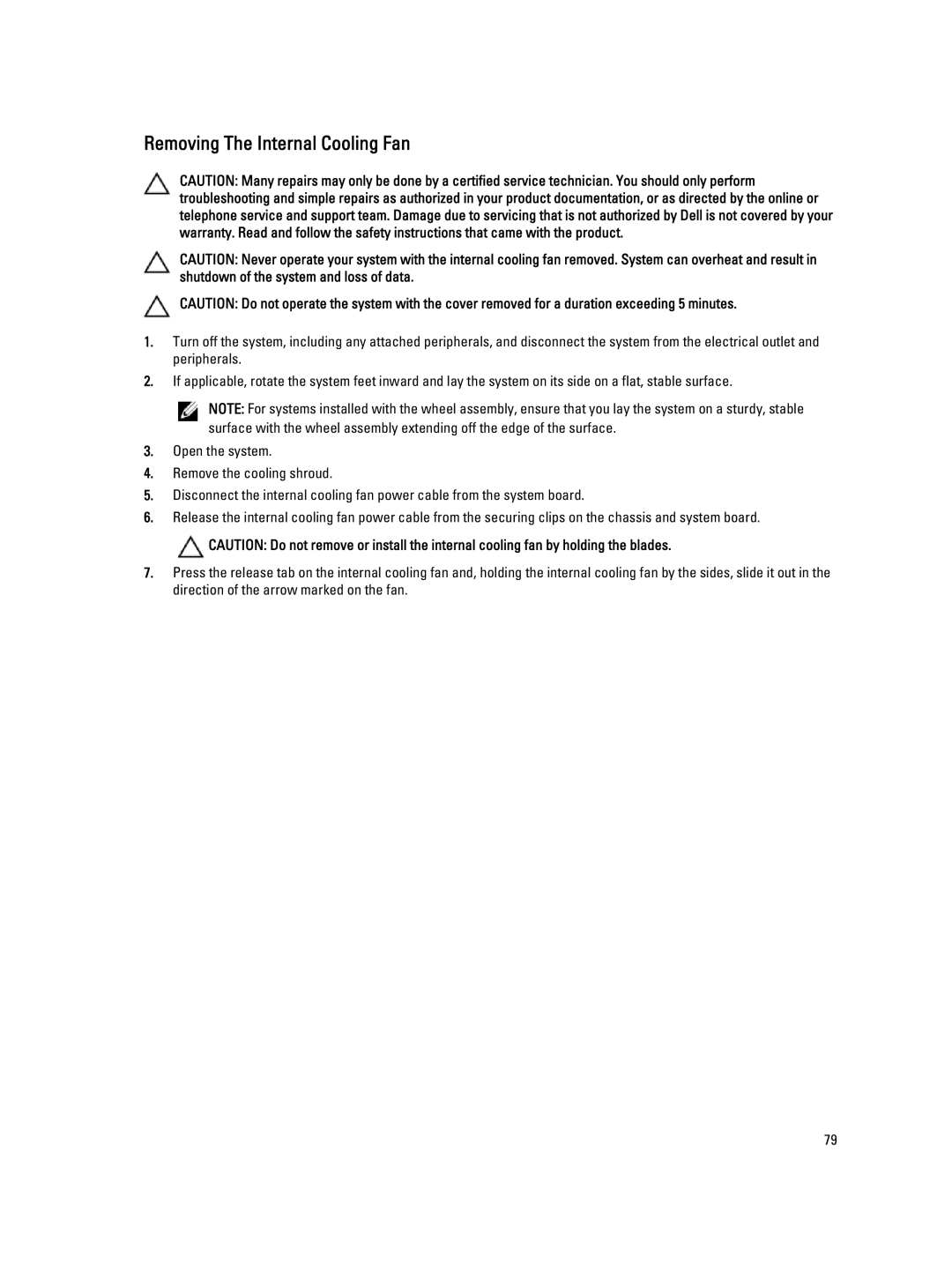 Dell E20S001 owner manual Removing The Internal Cooling Fan 