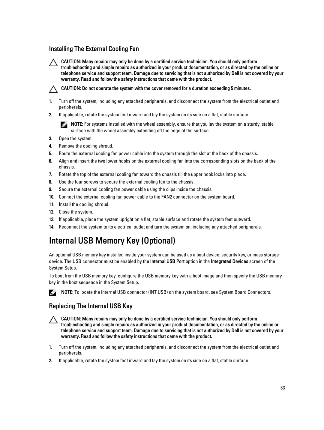 Dell E20S001 Internal USB Memory Key Optional, Installing The External Cooling Fan, Replacing The Internal USB Key 