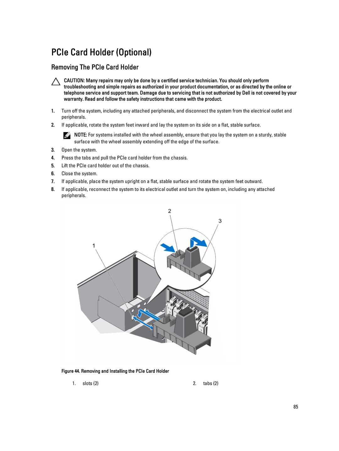 Dell E20S001 owner manual PCIe Card Holder Optional, Removing The PCIe Card Holder 