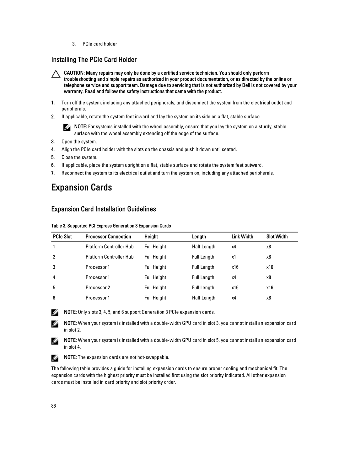 Dell E20S001 owner manual Expansion Cards, Installing The PCIe Card Holder, Expansion Card Installation Guidelines 