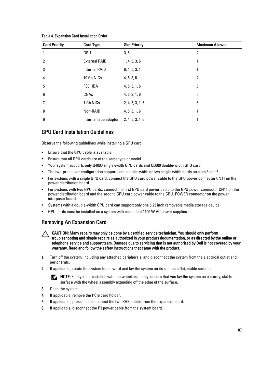 Dell E20S001 owner manual GPU Card Installation Guidelines, Removing An Expansion Card 