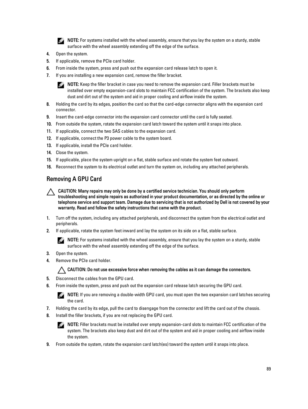 Dell E20S001 owner manual Removing a GPU Card 