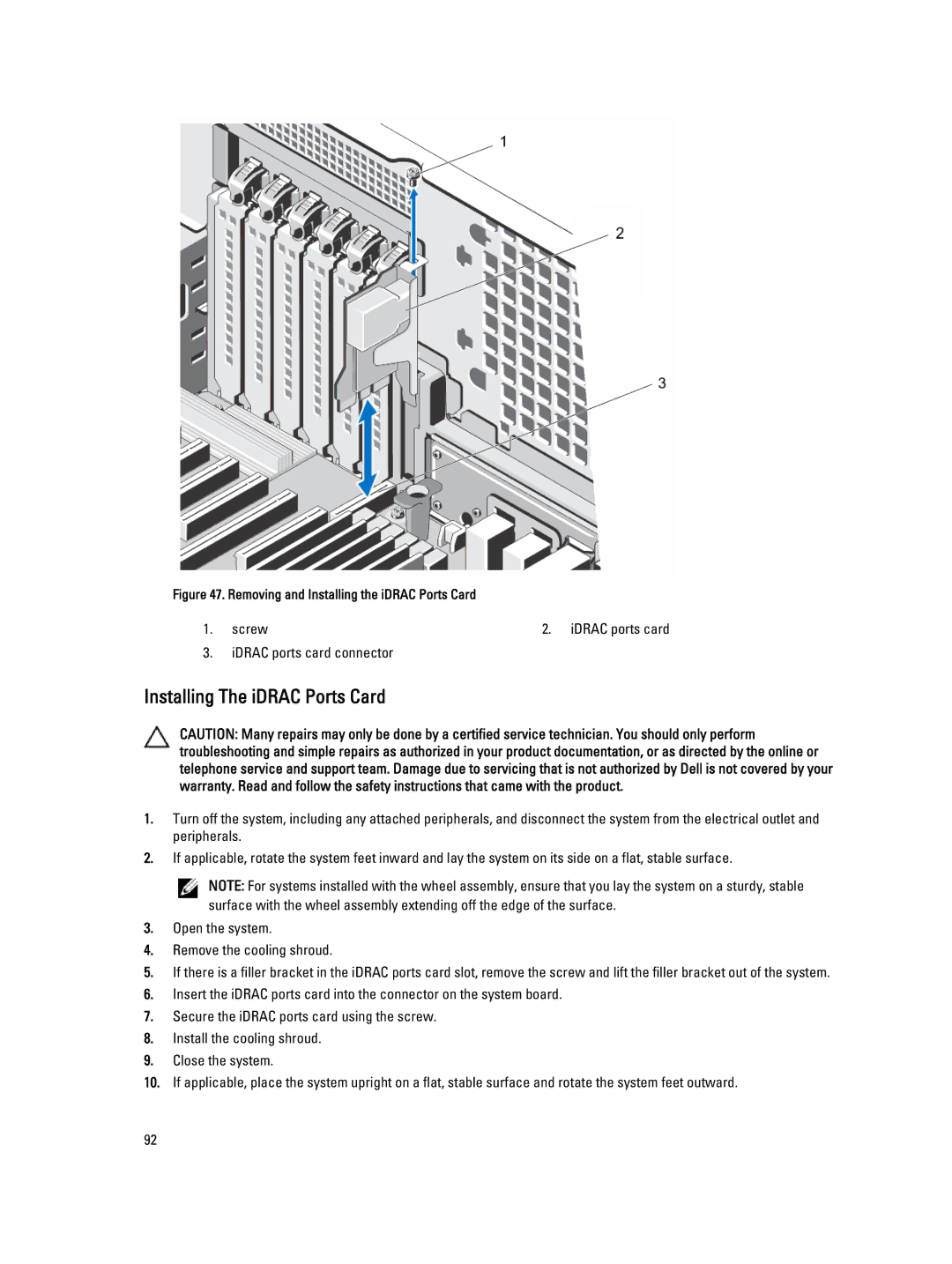 Dell E20S001 owner manual Installing The iDRAC Ports Card, Removing and Installing the iDRAC Ports Card 