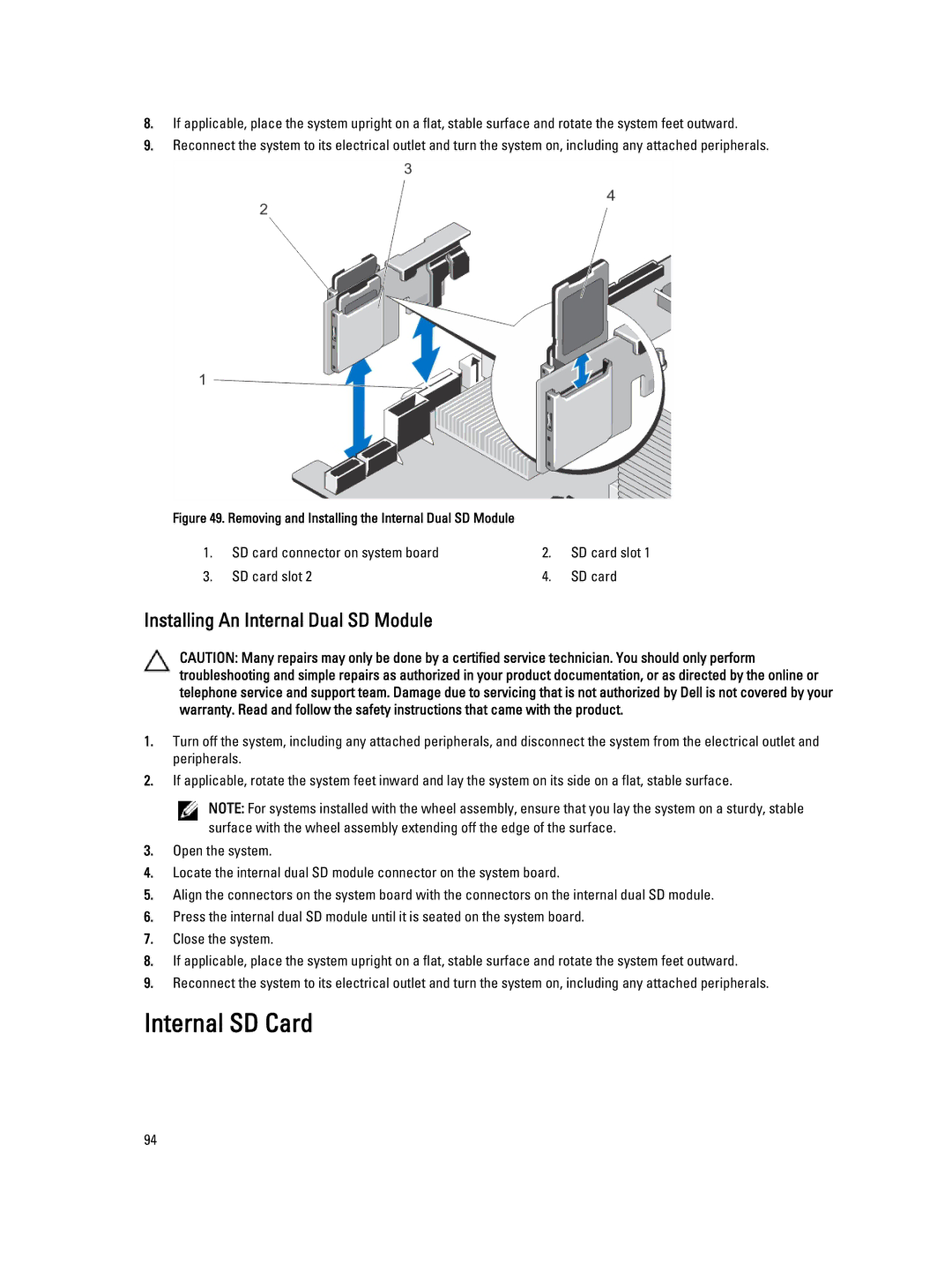 Dell E20S001 owner manual Internal SD Card, Installing An Internal Dual SD Module 