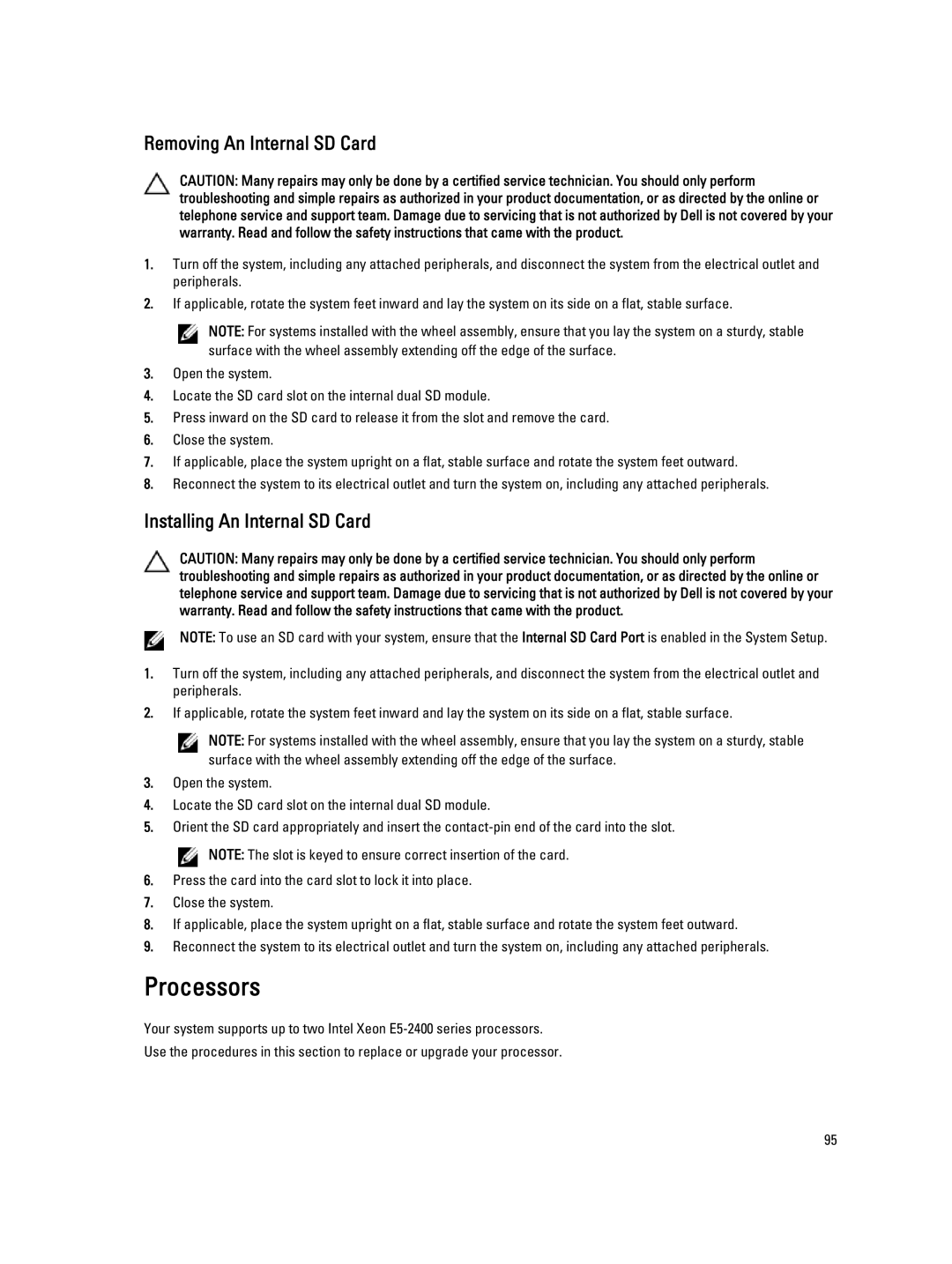 Dell E20S001 owner manual Processors, Removing An Internal SD Card, Installing An Internal SD Card 