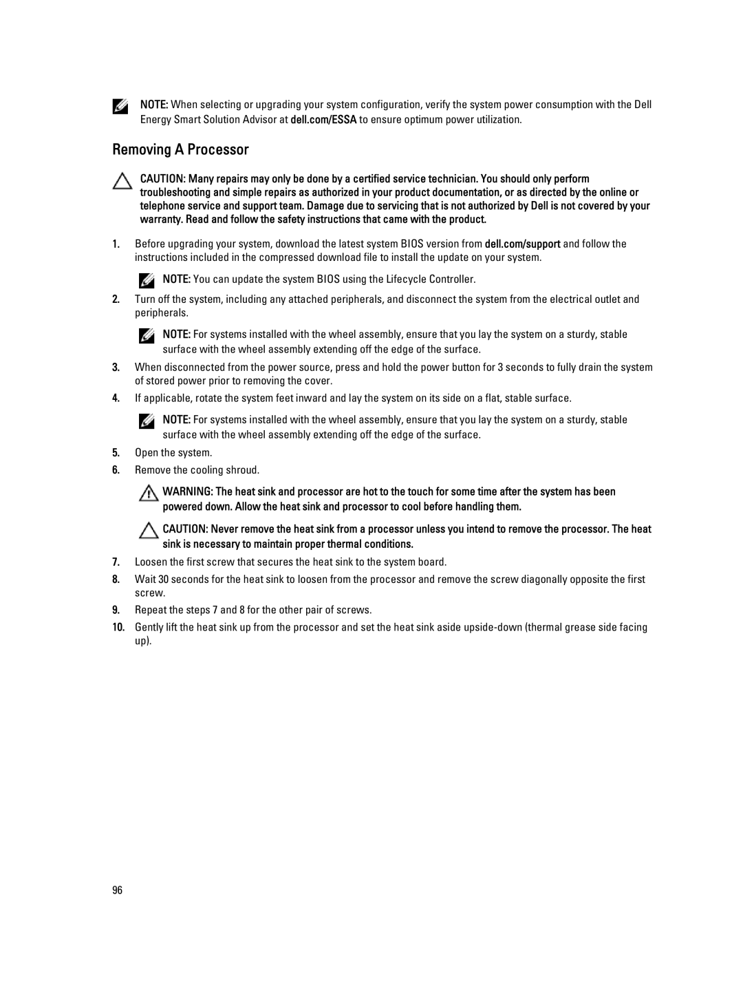 Dell E20S001 owner manual Removing a Processor 