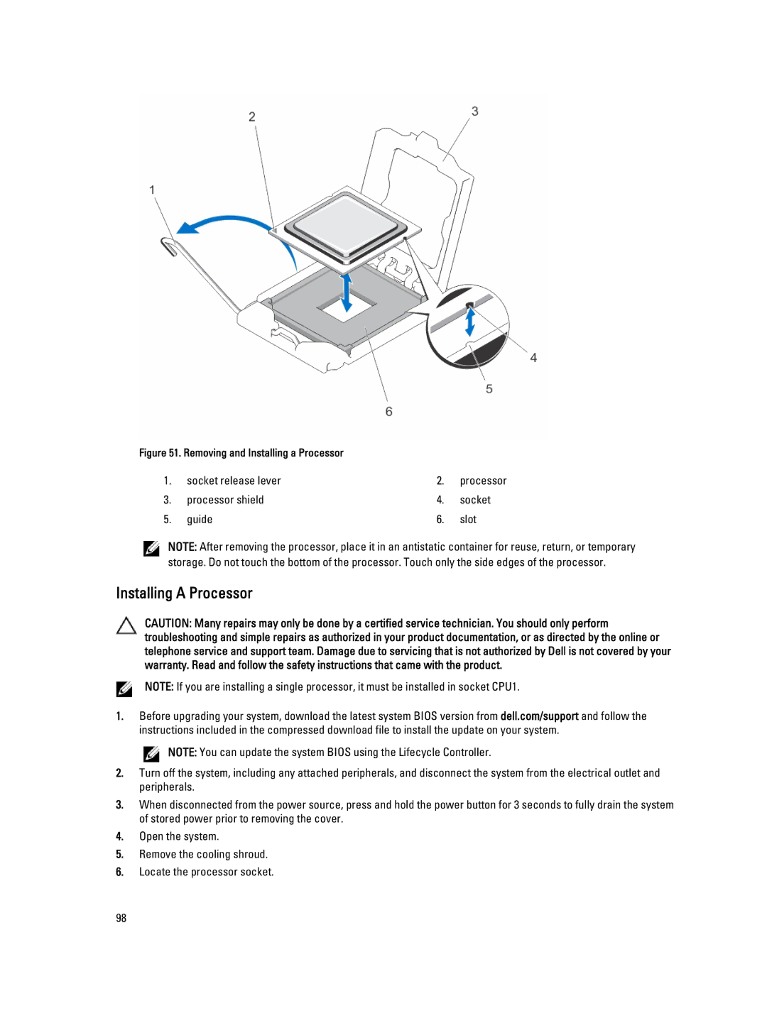 Dell E20S001 owner manual Removing and Installing a Processor 