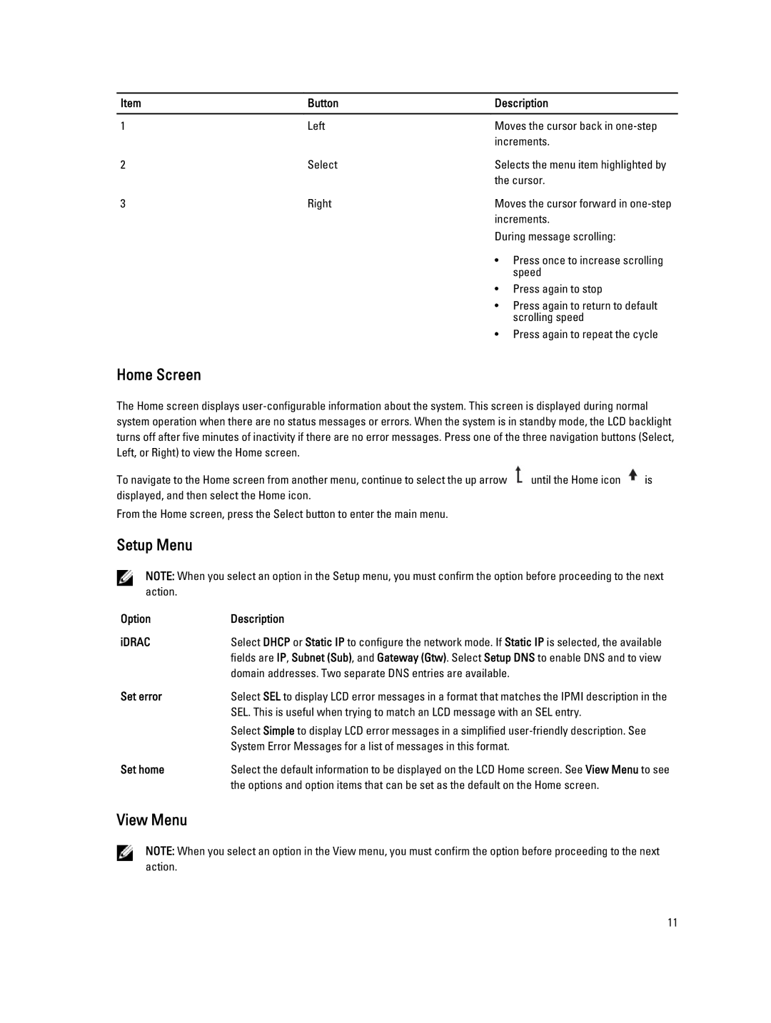 Dell R820, E21S001 owner manual Home Screen, Setup Menu, View Menu 