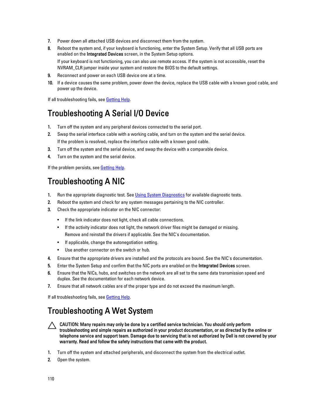 Dell E21S001, R820 owner manual Troubleshooting a Serial I/O Device, Troubleshooting a NIC, Troubleshooting a Wet System 