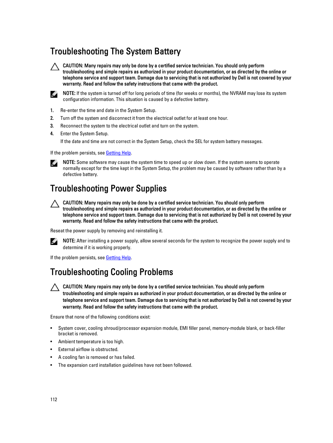 Dell E21S001, R820 Troubleshooting The System Battery, Troubleshooting Power Supplies, Troubleshooting Cooling Problems 