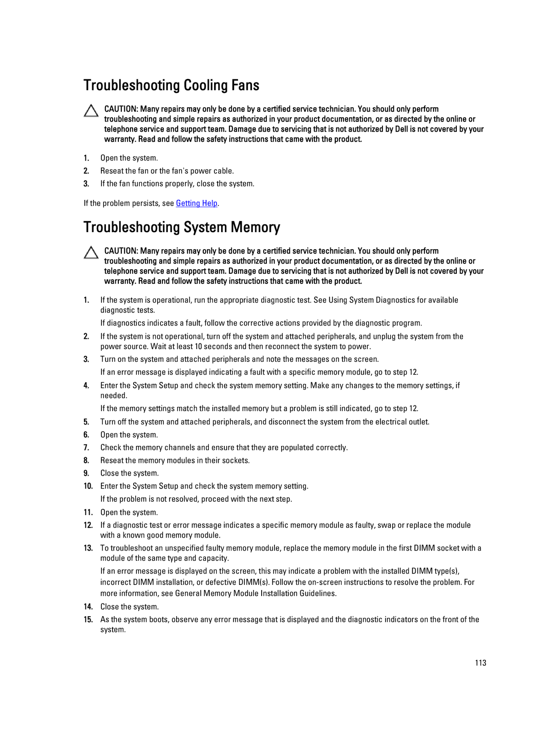 Dell R820, E21S001 owner manual Troubleshooting Cooling Fans, Troubleshooting System Memory 