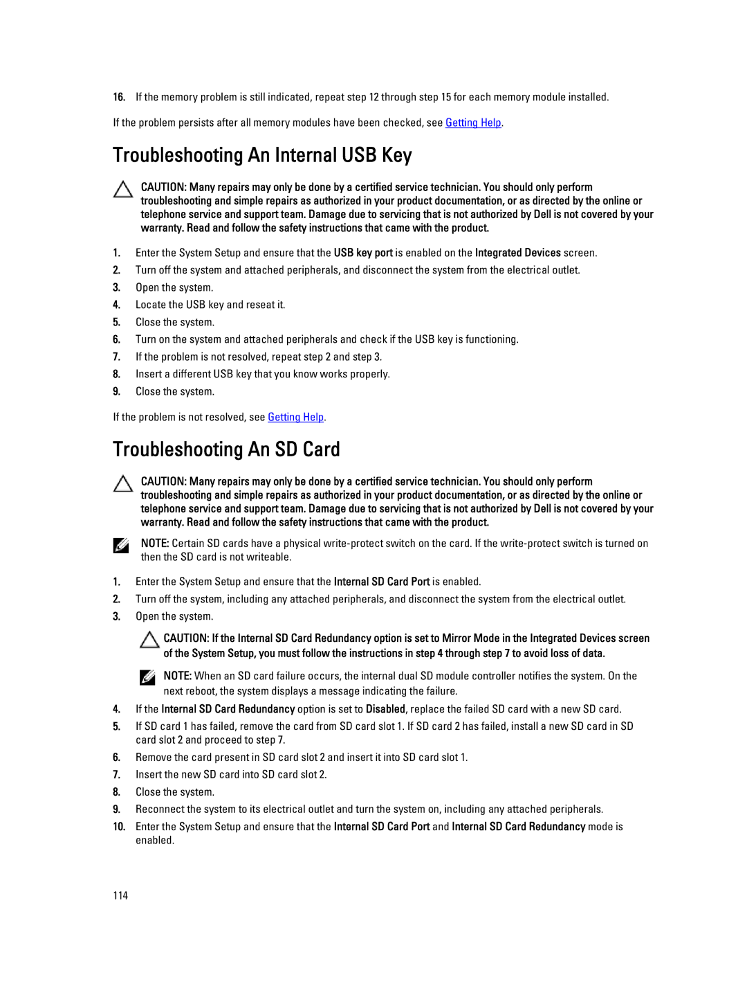 Dell E21S001, R820 owner manual Troubleshooting An Internal USB Key, Troubleshooting An SD Card 