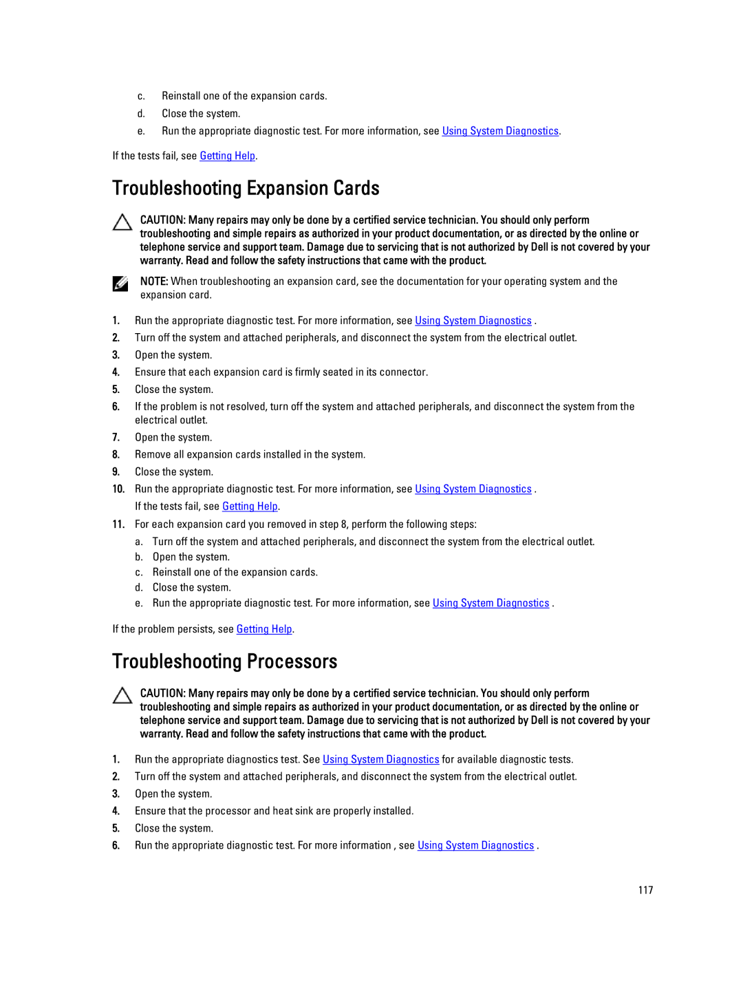 Dell R820, E21S001 owner manual Troubleshooting Expansion Cards, Troubleshooting Processors 