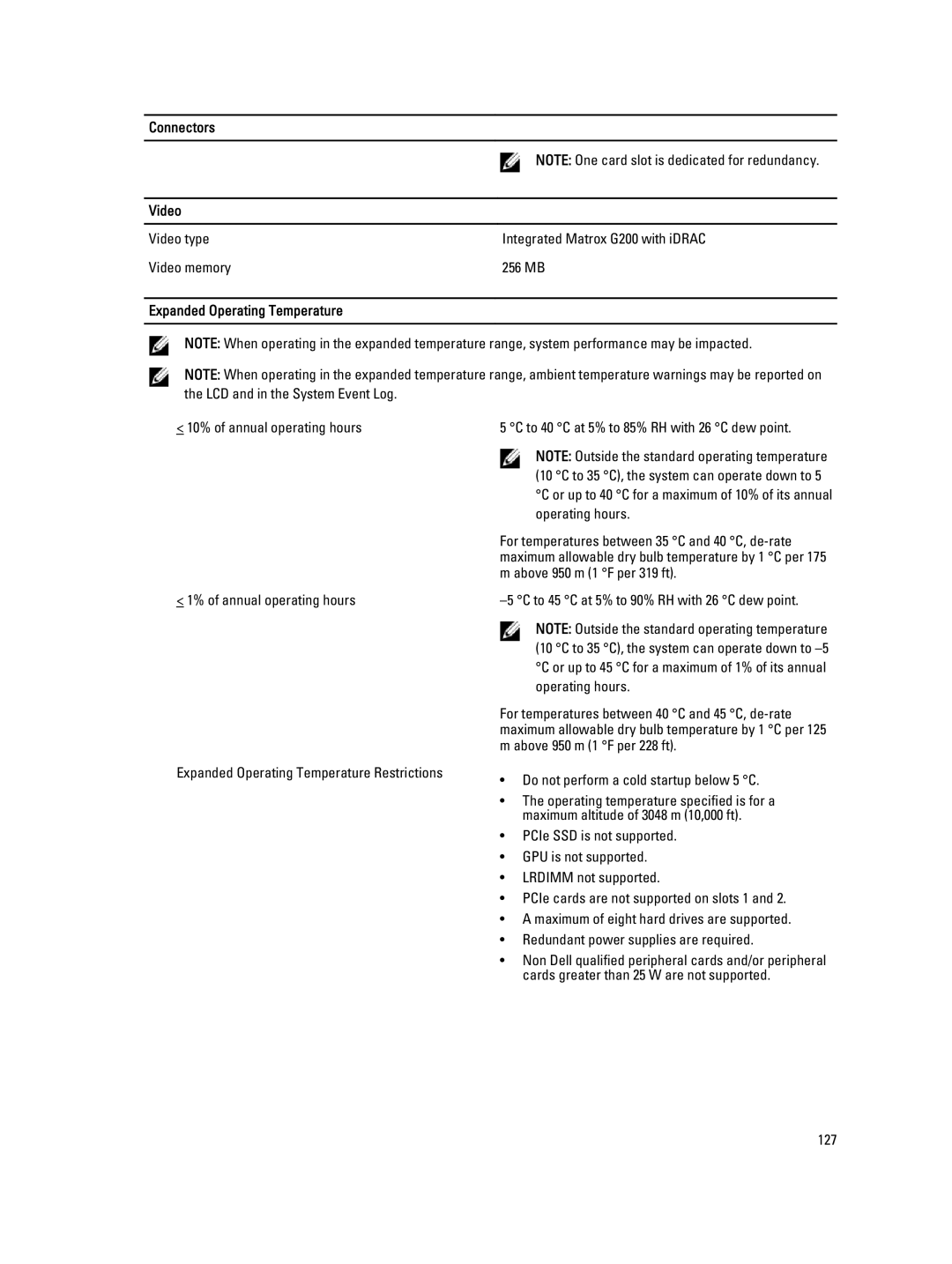 Dell R820, E21S001 owner manual Connectors Video, Expanded Operating Temperature 