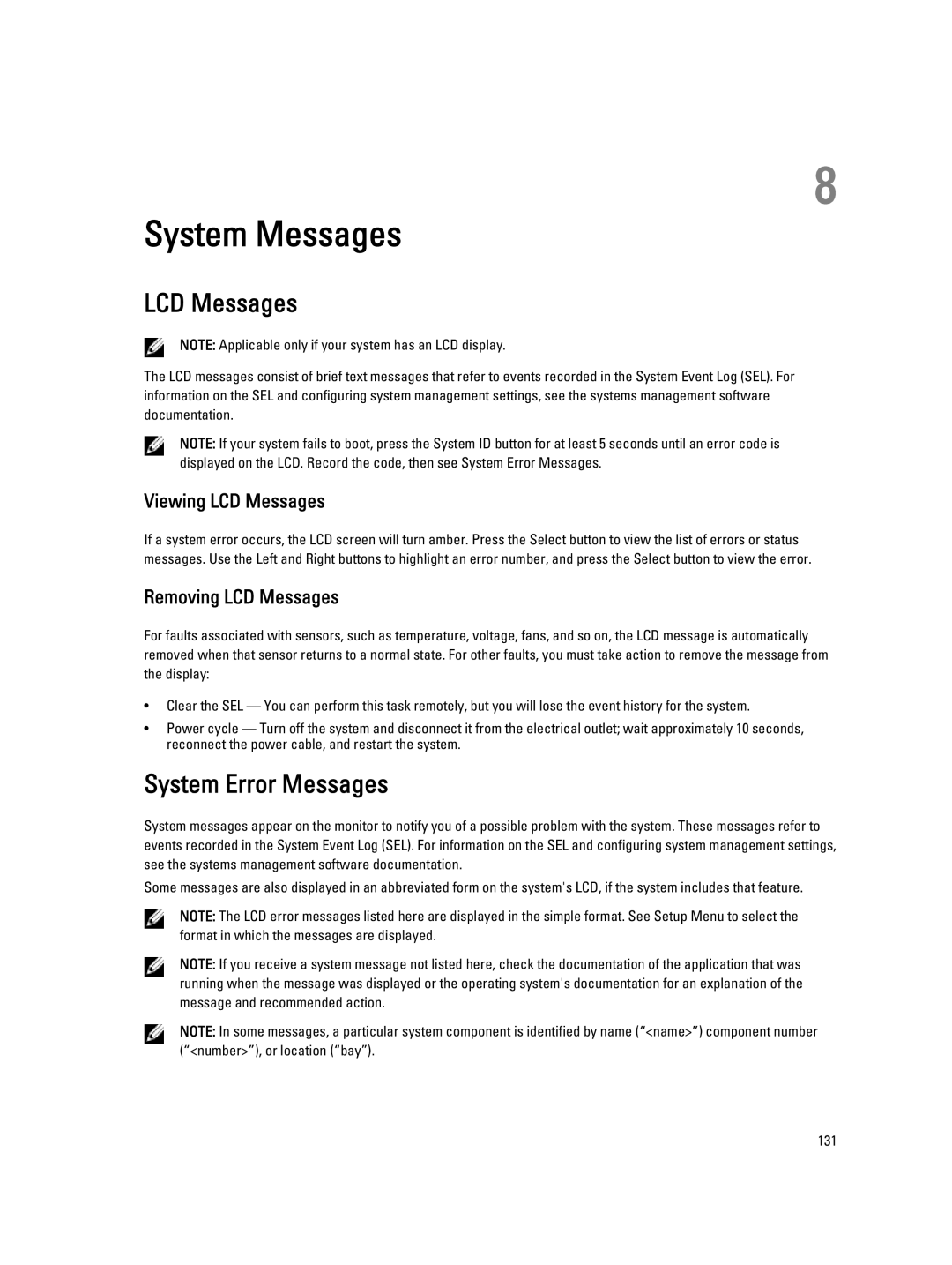 Dell R820, E21S001 owner manual System Error Messages, Viewing LCD Messages, Removing LCD Messages 