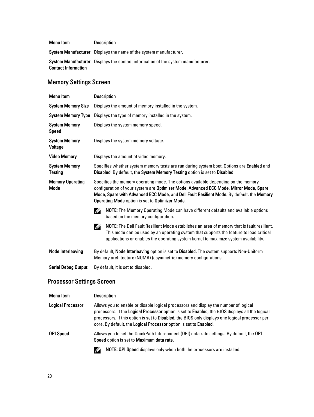 Dell E21S001, R820 owner manual Memory Settings Screen, Processor Settings Screen 