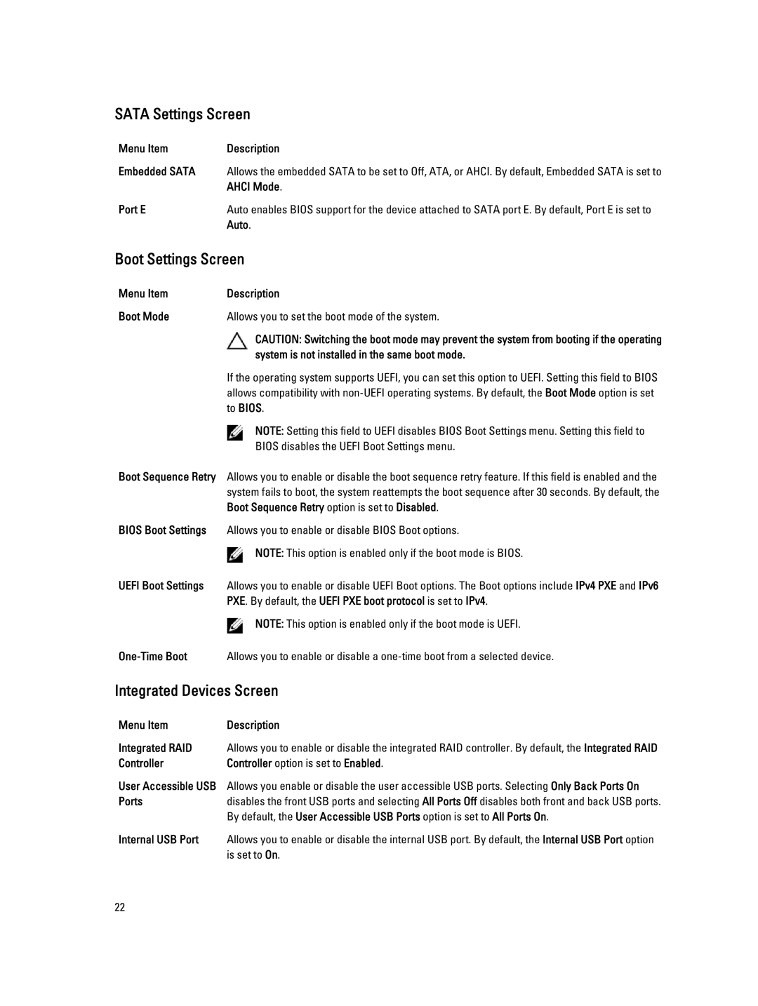 Dell E21S001, R820 owner manual Sata Settings Screen, Boot Settings Screen, Integrated Devices Screen 