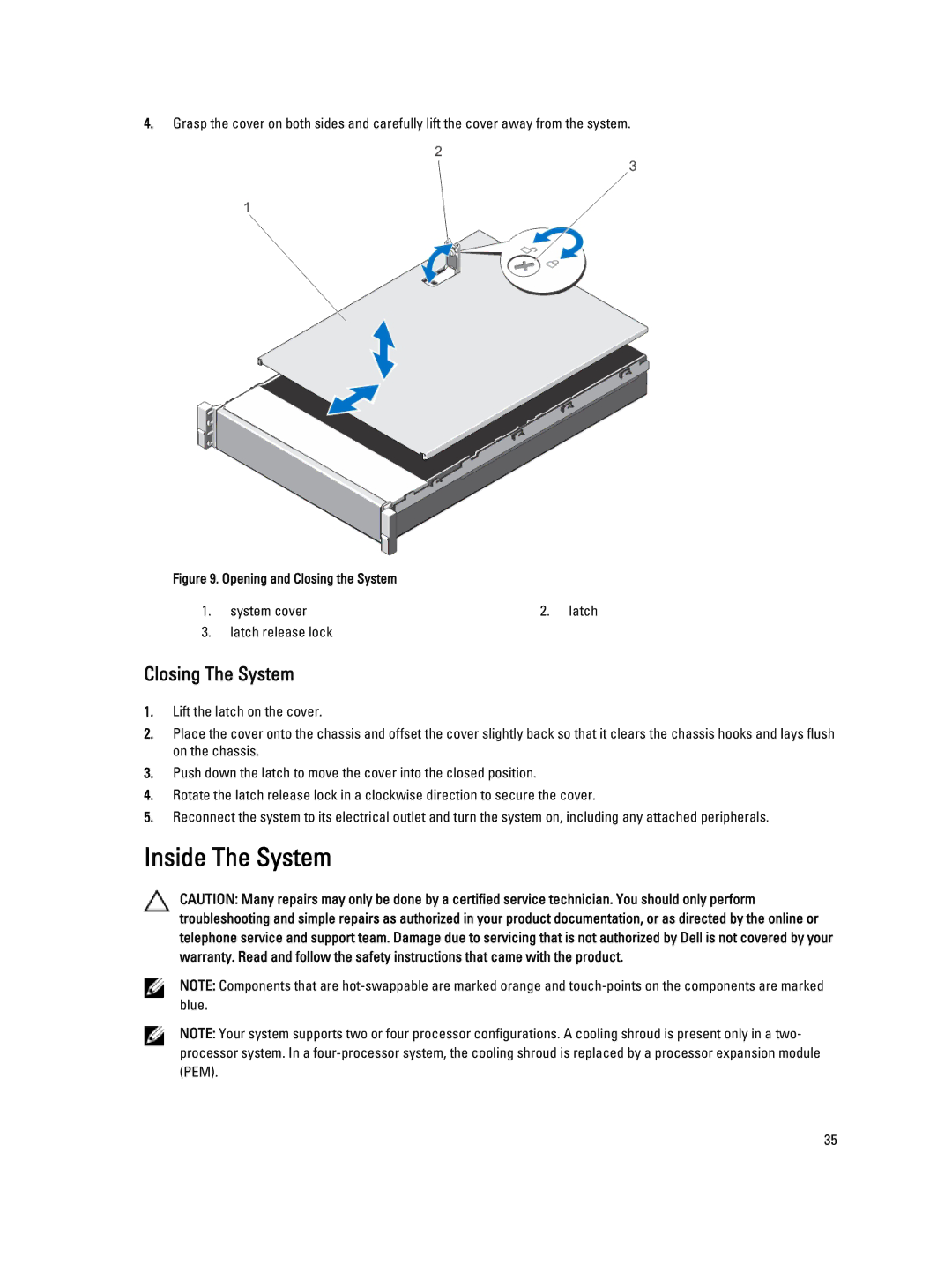 Dell R820, E21S001 owner manual Inside The System, Closing The System 