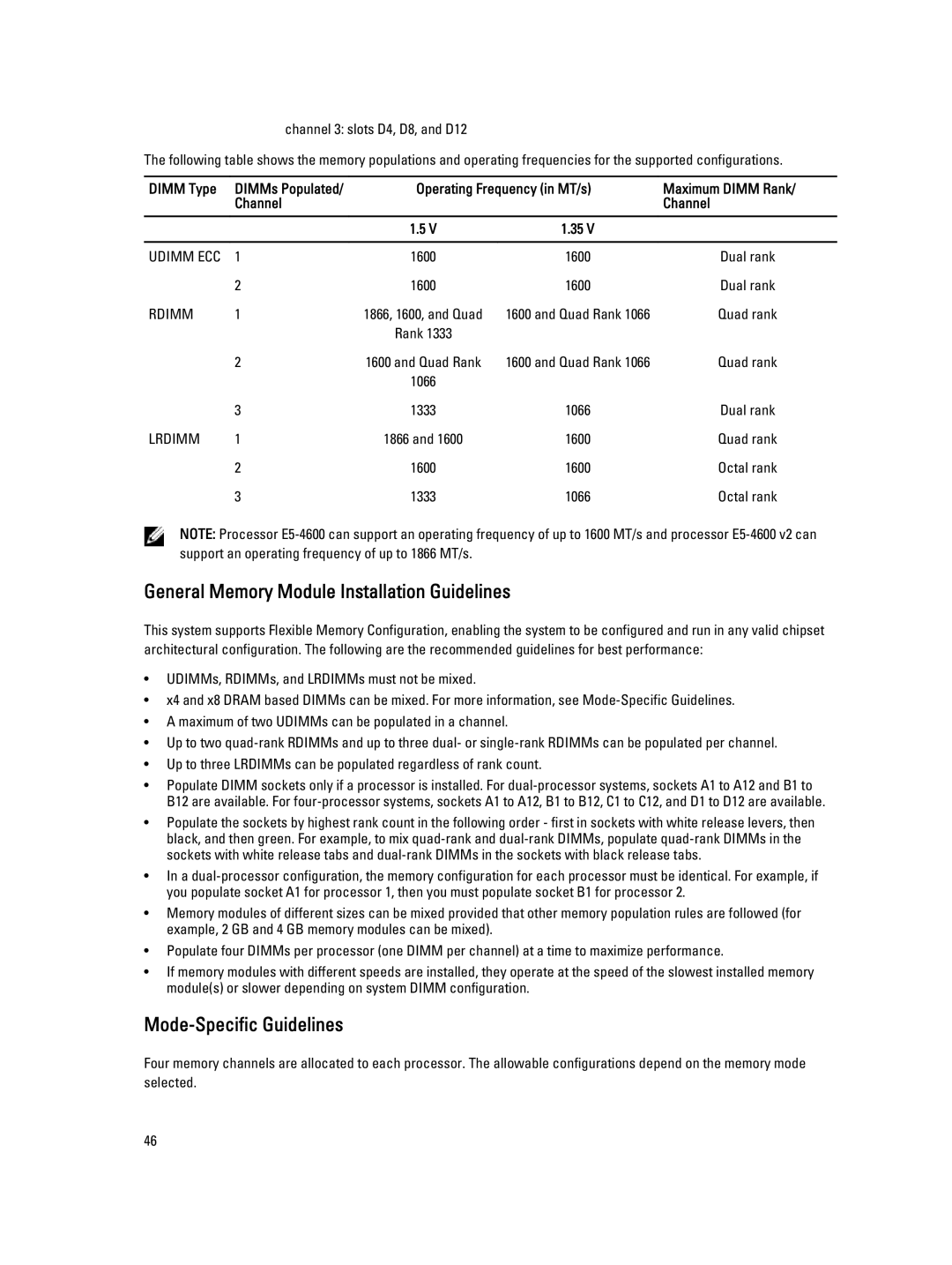 Dell E21S001, R820 owner manual General Memory Module Installation Guidelines, Mode-Specific Guidelines 