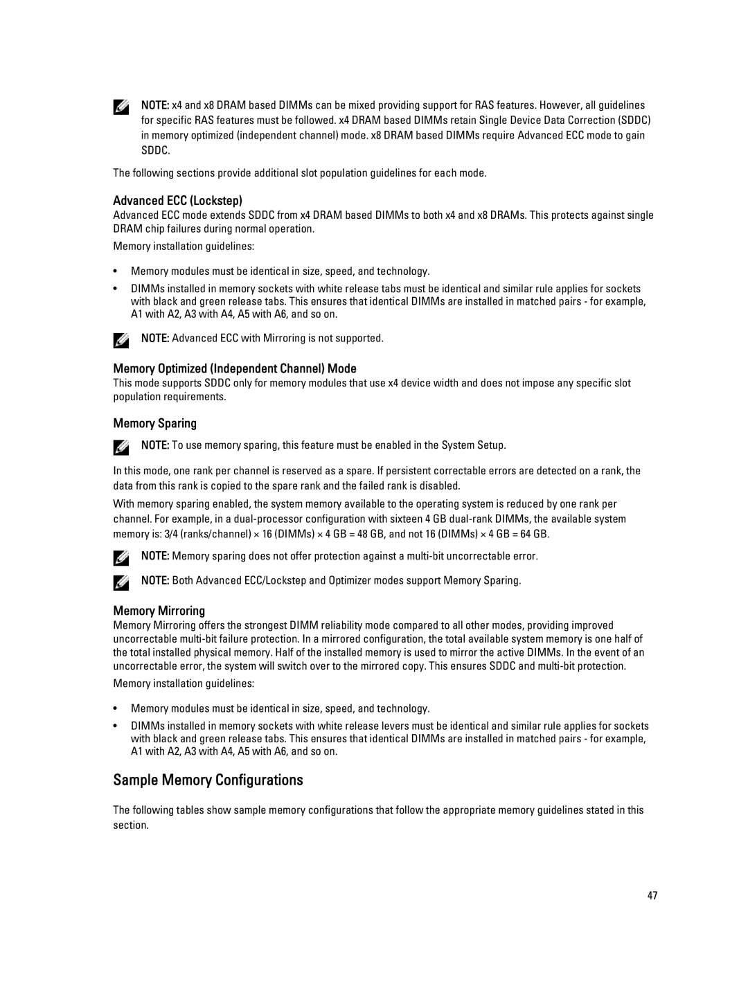 Dell R820, E21S001 owner manual Sample Memory Configurations, Advanced ECC Lockstep 