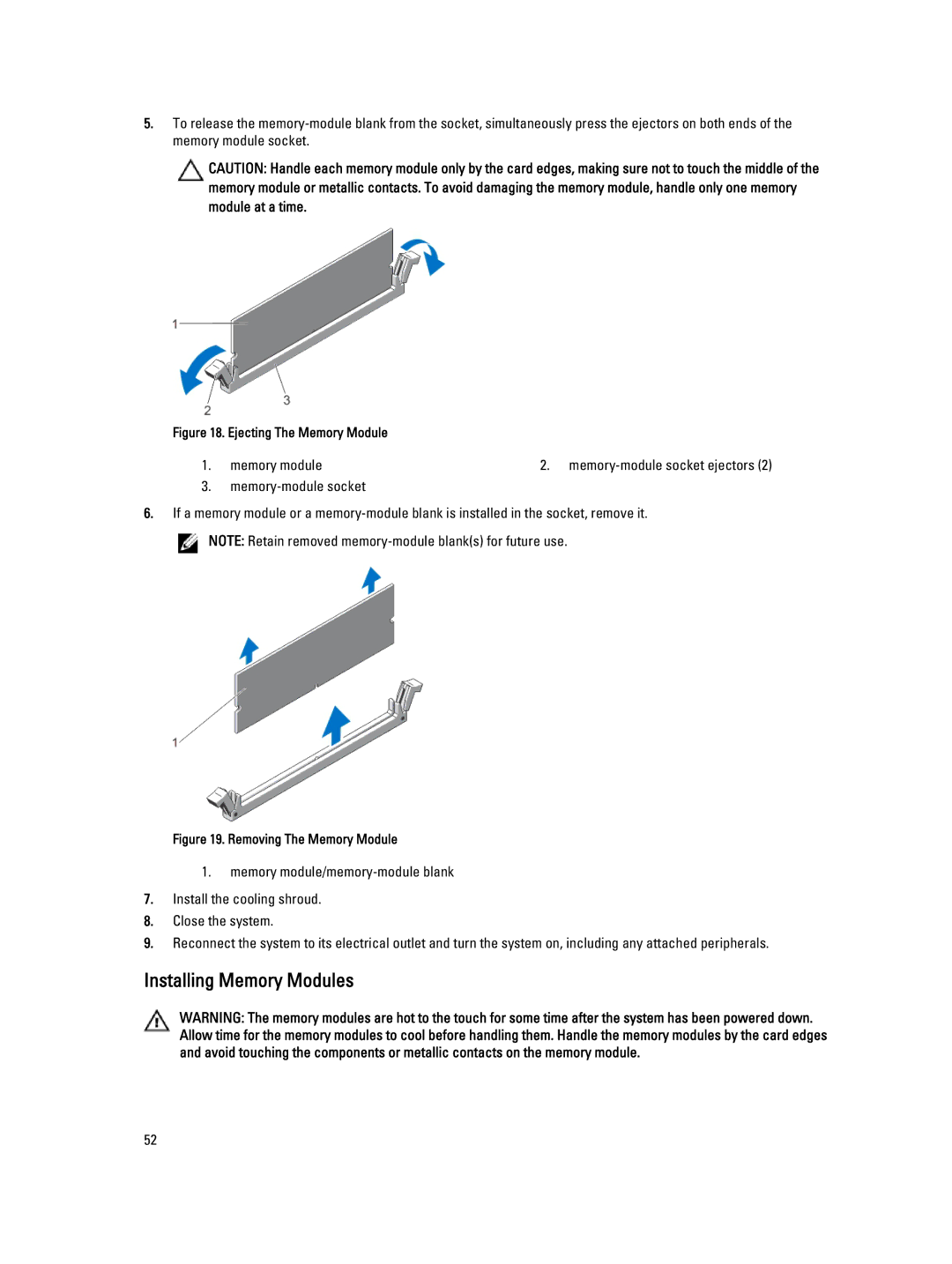 Dell E21S001, R820 owner manual Installing Memory Modules, Ejecting The Memory Module 