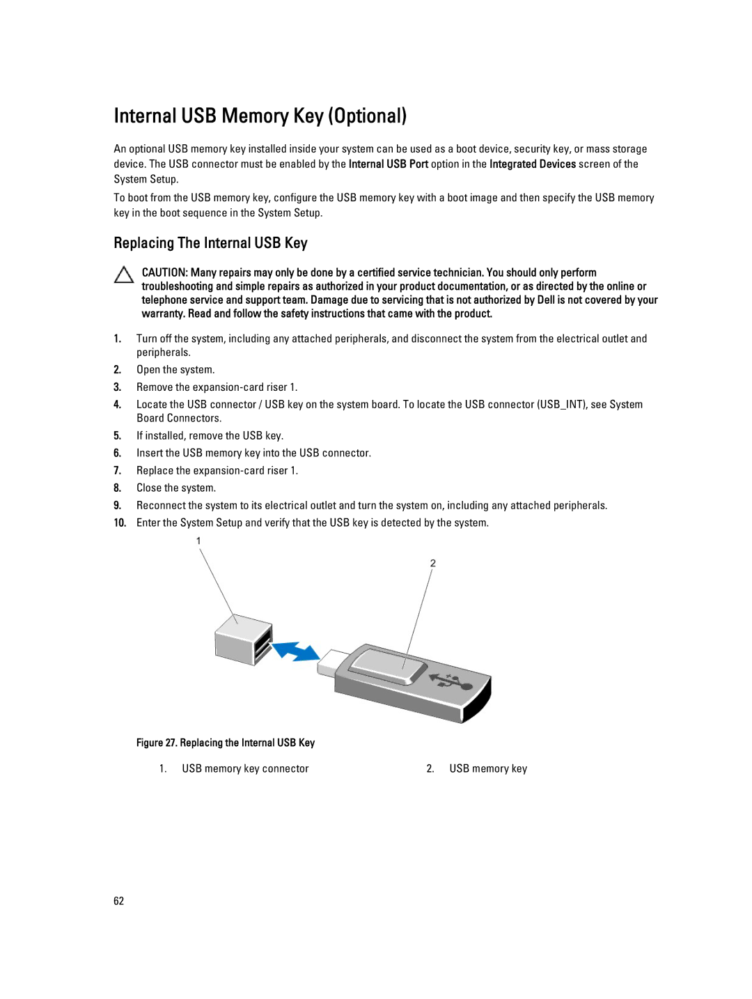 Dell E21S001, R820 owner manual Internal USB Memory Key Optional, Replacing The Internal USB Key 