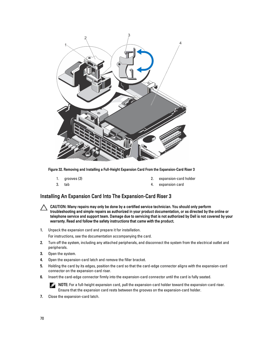 Dell E21S001, R820 owner manual Installing An Expansion Card Into The Expansion-Card Riser 