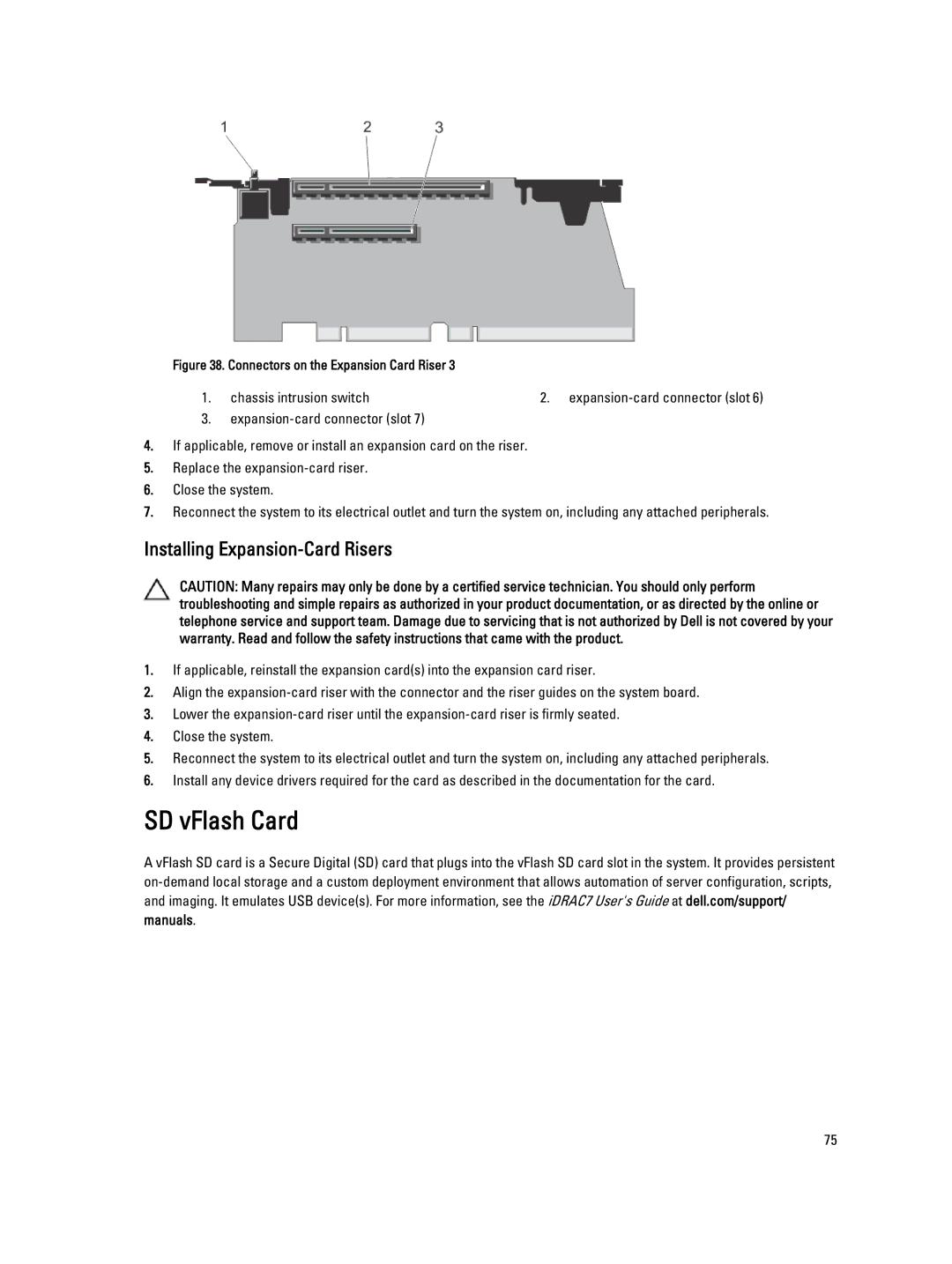 Dell R820, E21S001 owner manual SD vFlash Card, Installing Expansion-Card Risers 