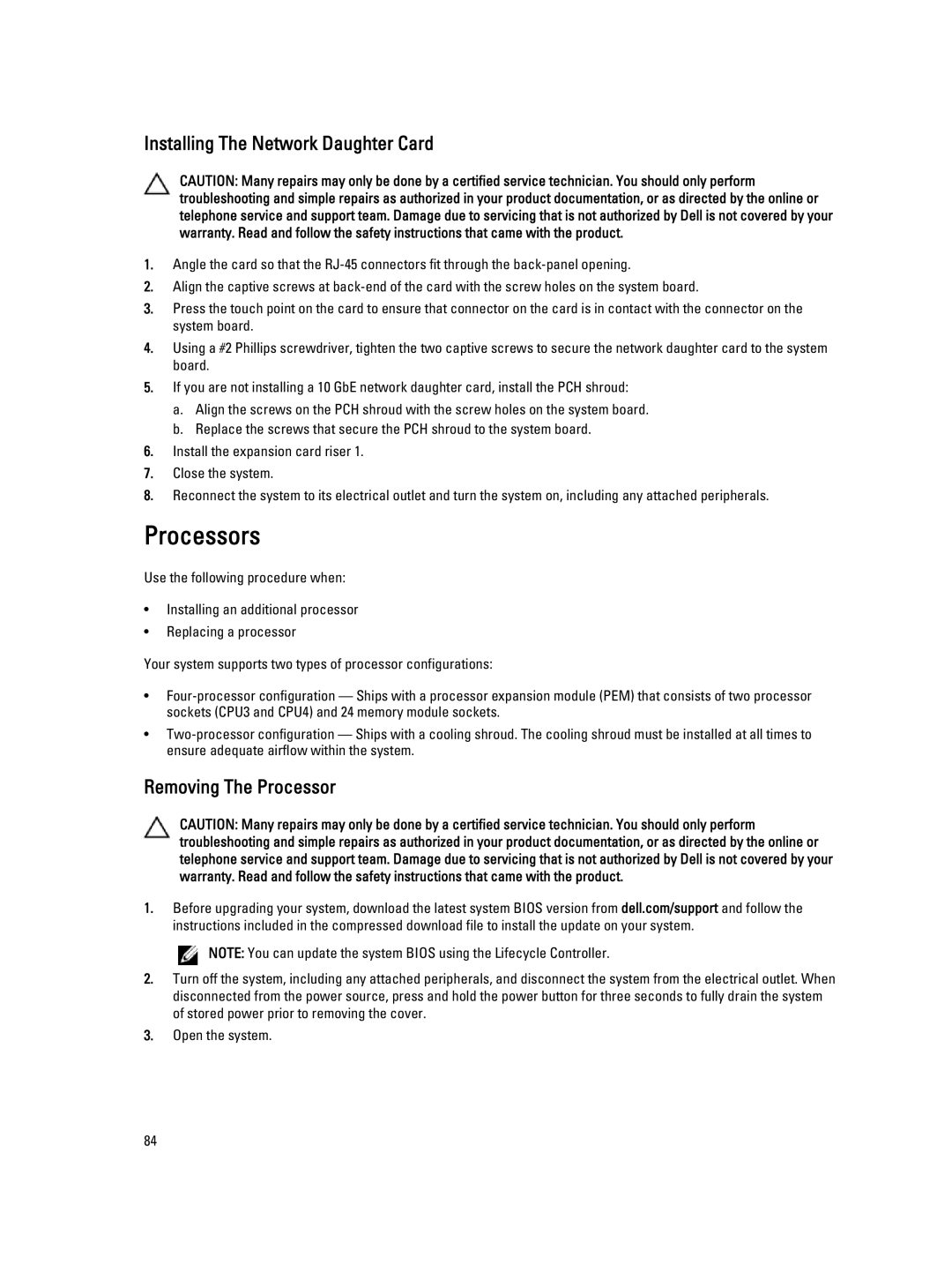 Dell E21S001, R820 owner manual Processors, Installing The Network Daughter Card, Removing The Processor 