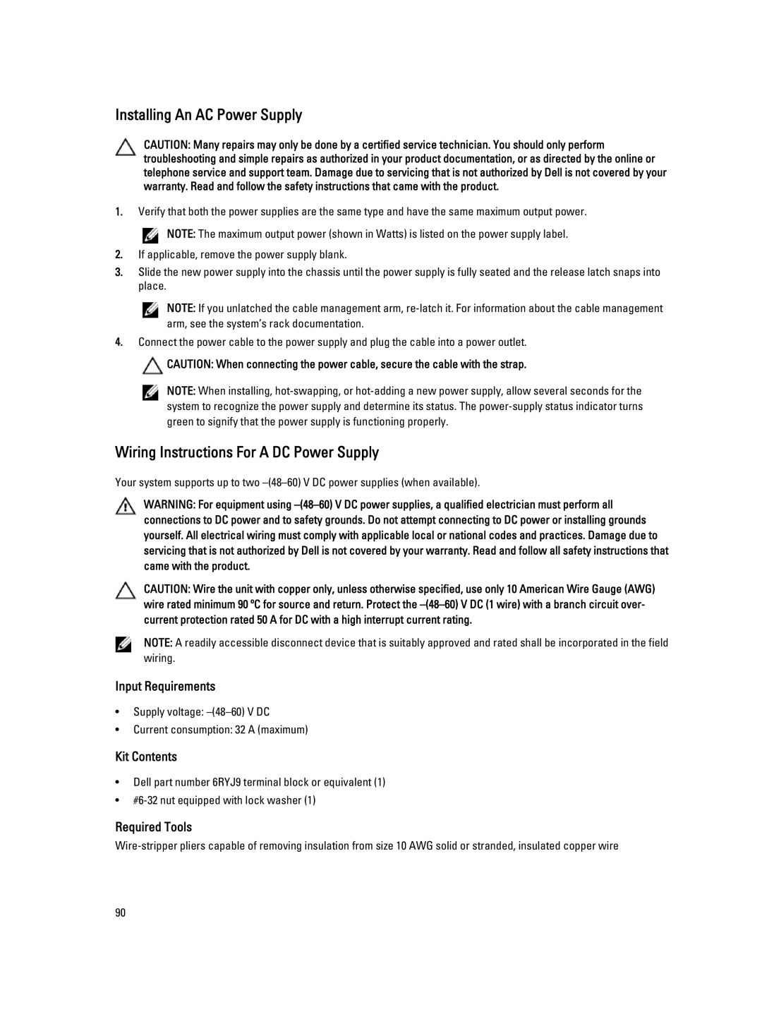 Dell E21S001, R820 owner manual Installing An AC Power Supply, Wiring Instructions For a DC Power Supply 