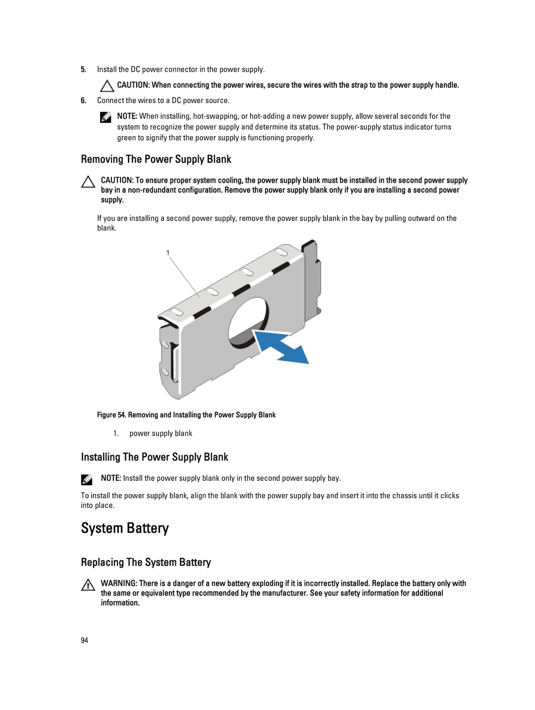 Dell E21S001, R820 owner manual System Battery, Removing The Power Supply Blank, Installing The Power Supply Blank 