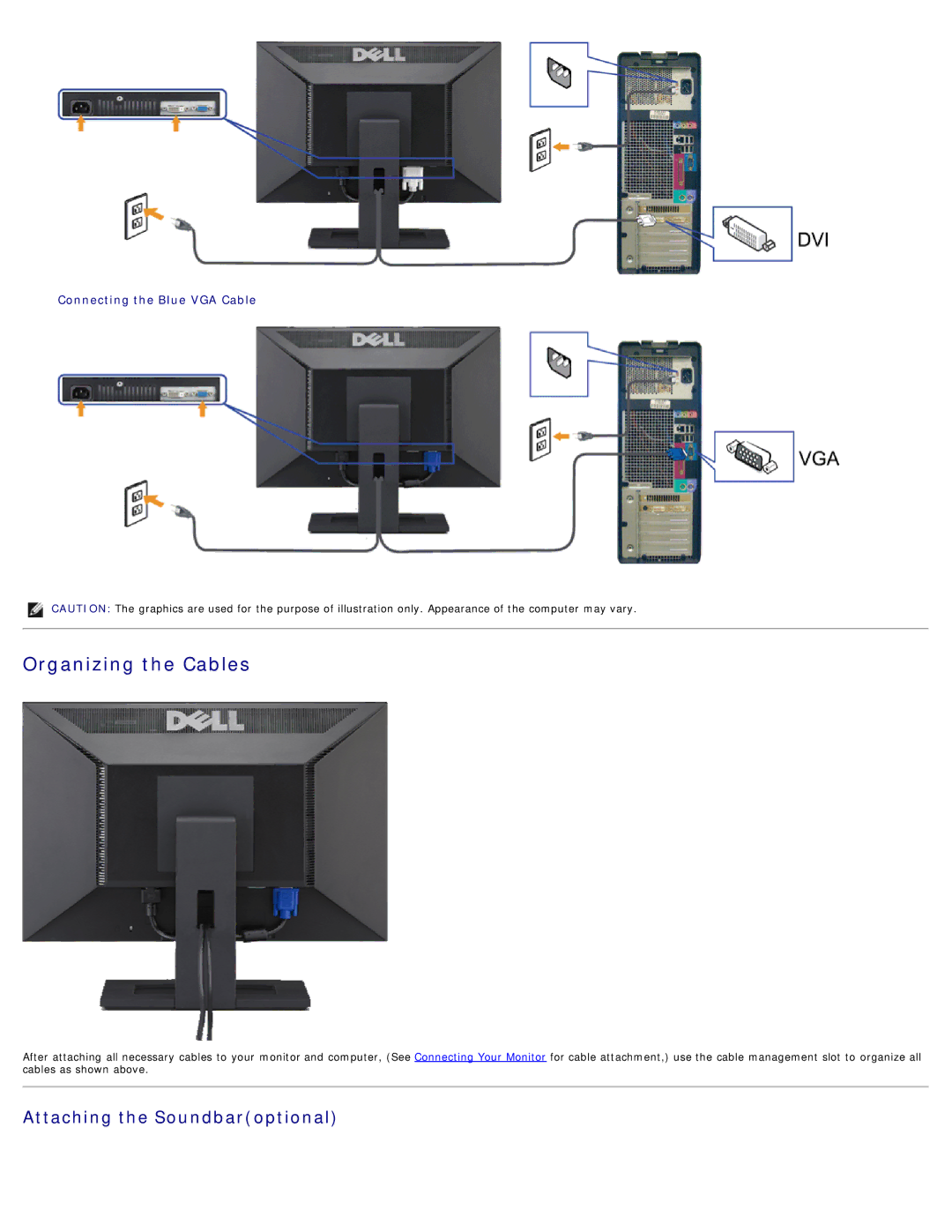 Dell E2209WC, E2009W, E2209WF appendix Organizing the Cables, Attaching the Soundbaroptional 