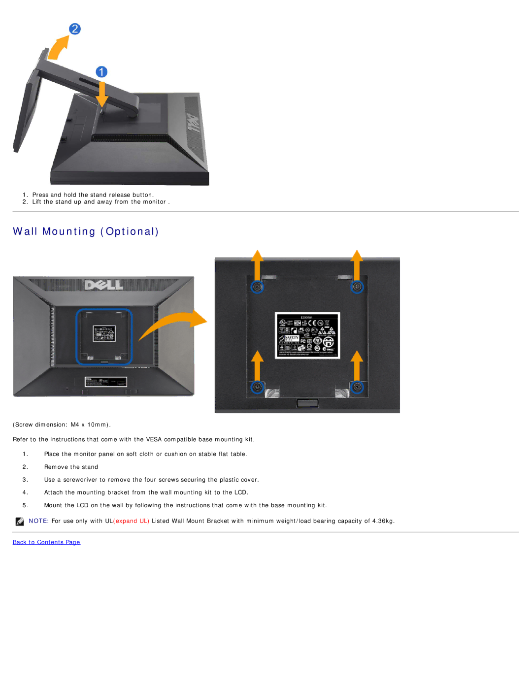 Dell E2009W, E2209WF, E2209WC appendix Wall Mounting Optional 