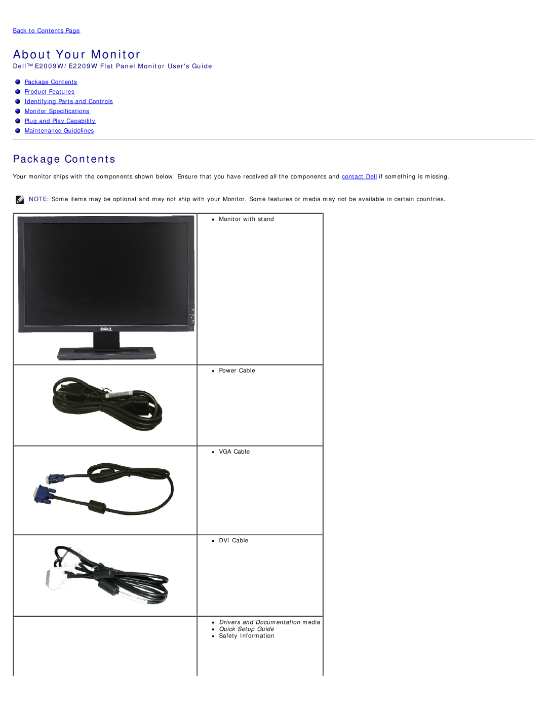 Dell E2209WF, E2009W, E2209WC appendix About Your Monitor, Package Contents 