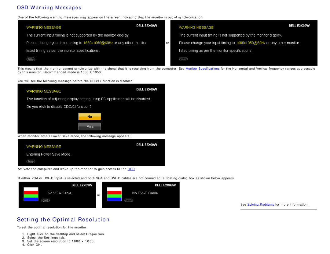 Dell E2209WC, E2009W, E2209WF appendix Setting the Optimal Resolution, OSD Warning Messages 